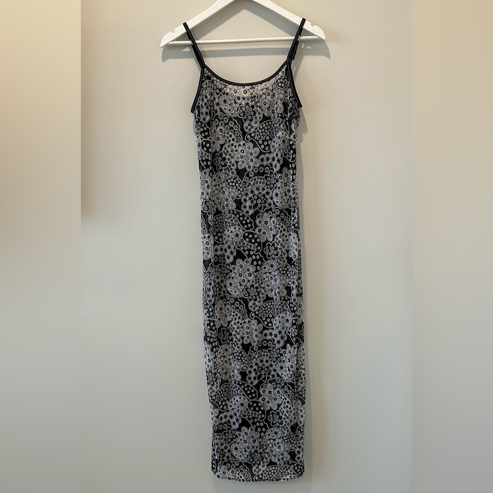 Vintage Black Maxi Dress VTG Mesh Sheer Hippie Boho 70s Goth Halloween Costume